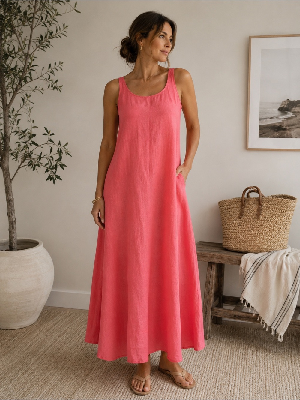 Eileen Fisher 100% Irish Linen Maxi Dress L Coral Pink Lagenlook A Line Coastal